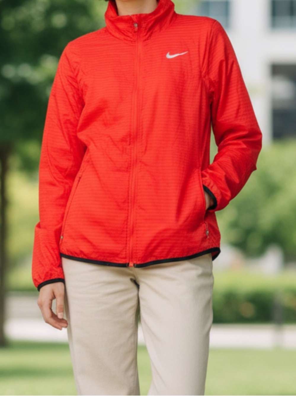Nike Women’s Red Bomber Jacket with White Swoosh